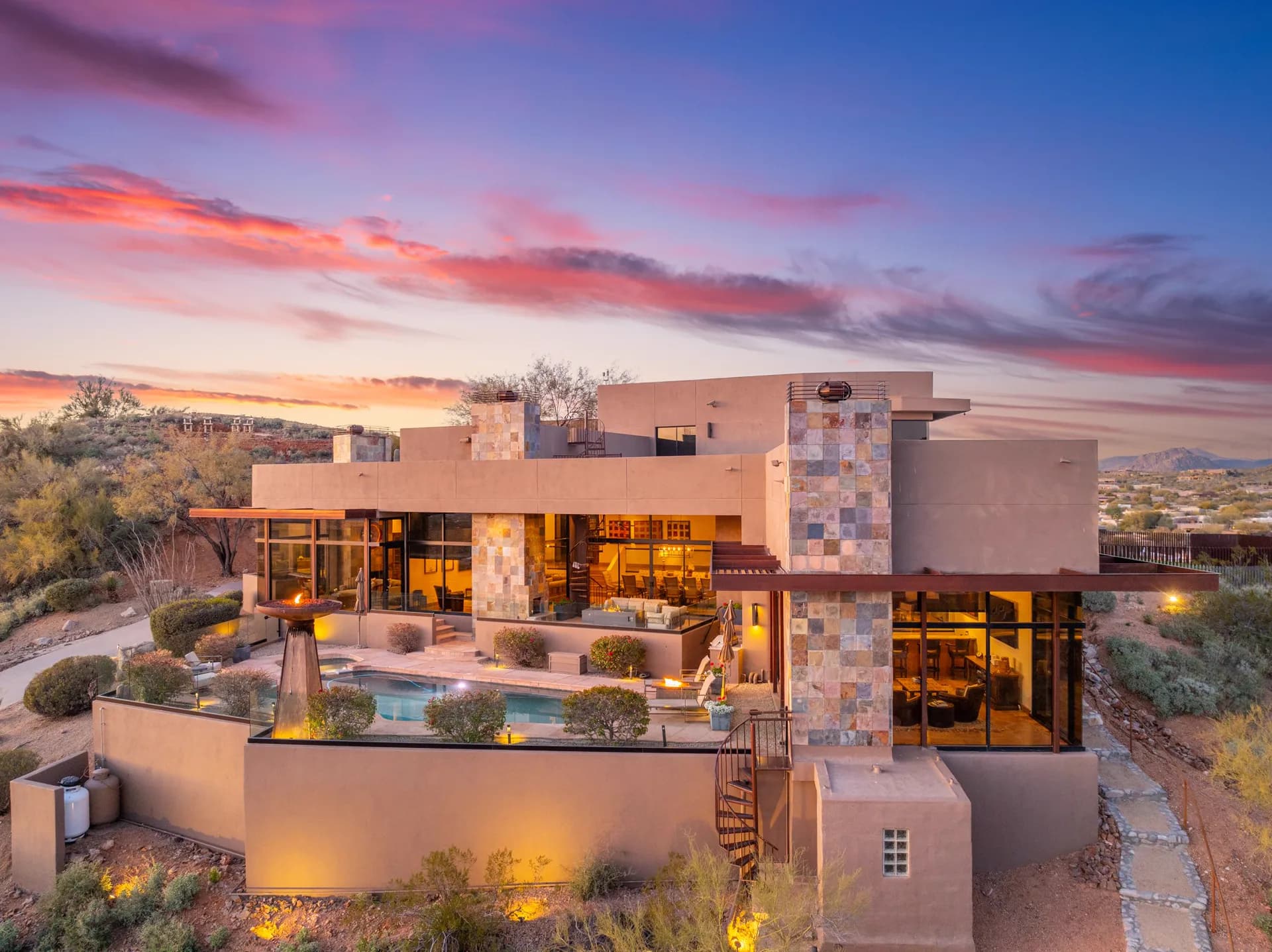 Aerial view of the Saguaro Point estate at dusk